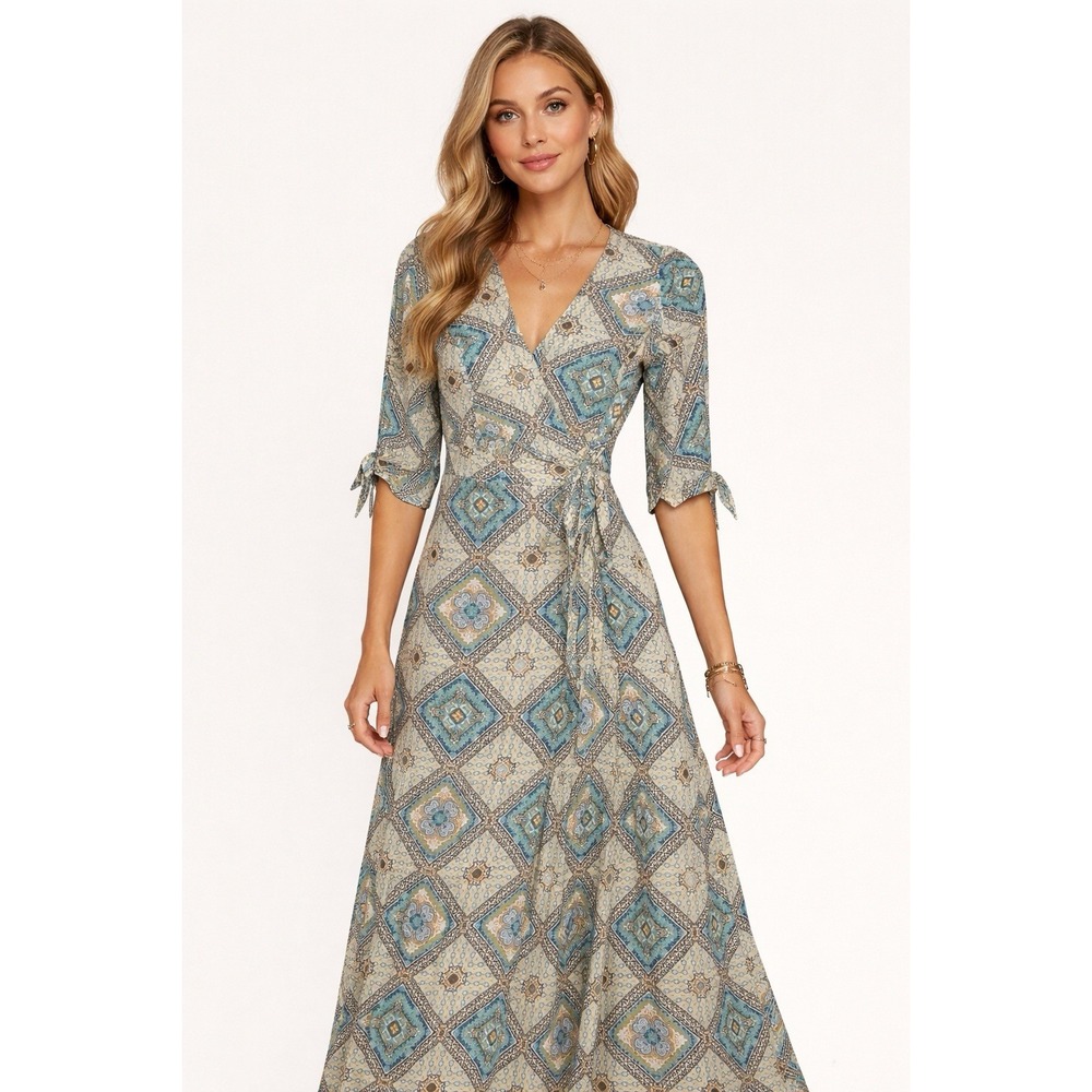 Skies are Blue‎ Wrap Maxi Dress Sz Small Patch Print Bohemian Boho Beach